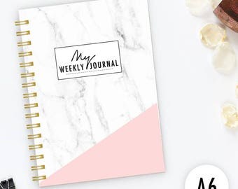 Weekly Journal, spiral notebook, Writing journal, undated, a6, personalized, cute journal, diary, sketchbook, marble, pink