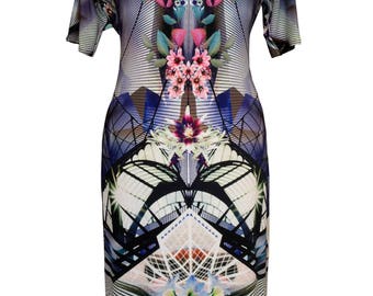 Floral Cotton Dress, Plus Size Dress, Jersey Dress, Short Sleeve Dress, Summer Dress, Psychedelic Dress, Slimming Dress, Designer Dress