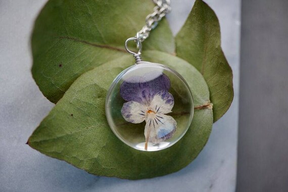 REAL FLOWER Pansy Necklace - Glass Purple and Yellow Pansy Real Flower Necklace - Feminine Gift for Women - Free Postage Worldwide