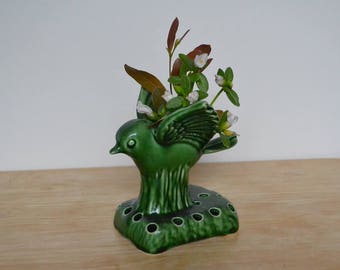 Emerald Green Ceramic Bird Flower Frog / Planter by Camark Arkansas Pottery, 1940s Vintage Home and Garden Decor