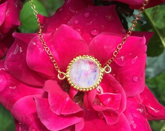Moonstone Round Beaded Bezel Gold Vermeil Pendant Necklace on a 14K Gold Filled Chain - 18 inches