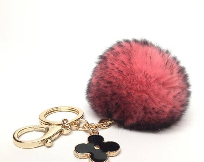 NEW Pom-Perfect Pink Black Frost REX Rabbit fur pom pom ball with black flower keychain