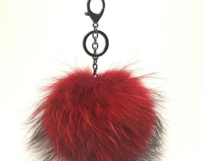 Extreme Red Gun Metal Raccoon Fur Pom Pom luxury bag pendant bag charm with natural black markings