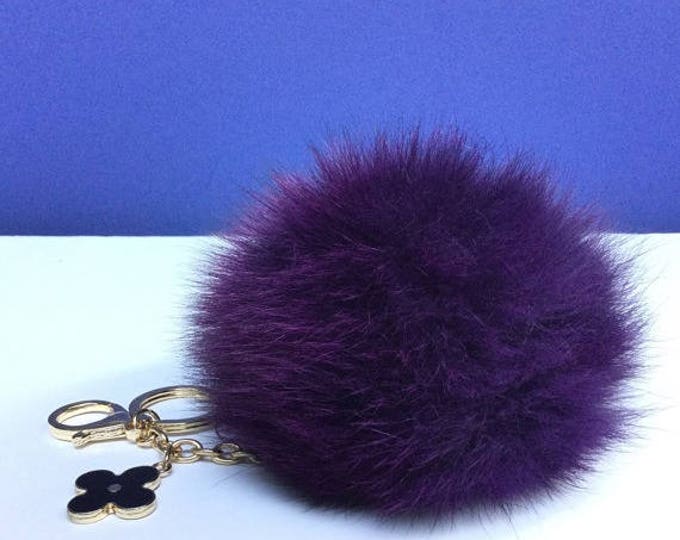 Purple Fox Fur Pompom bag charm pendant Fur Pompoms keychain with flower clover charm
