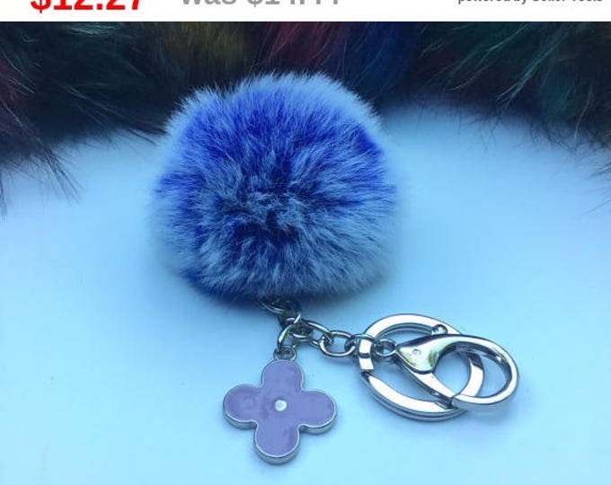 New! Summer Collection Blue Frost fur pom pom keychain bag charm flower clover keyring