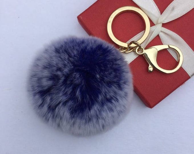 Fur pom pom keychain fur ball bag pendant charm made from Rex Rabbit Fur Blue Frosted