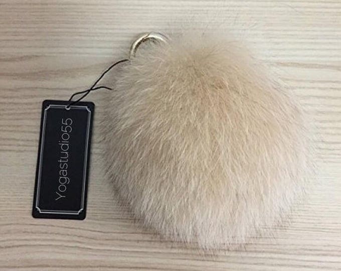 Beige Fox Fur Pom Pom luxury bag pendant with leather strap buckle key ring chain bag charm