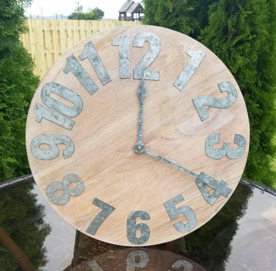 Natural wood frame clock with galvanized metal numbers. //Wall