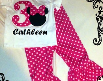 Pink Minnie Mouse Birthday OUTFIT - Shirt & Ruffled Pants - Small Hot pink dots 1st 2nd 3rd 4th 5th 6th Party 9 12 18 24 month 2t 3t 4t 5t 6