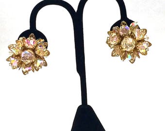 Aurora Borealis Filigree Earrings, Vintage, Signed Laguna, Clear Crystal Rhinestone Tips, Clip Ons, Cluster Earrings, Gold Tone, 1950s