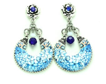 Chandelier earrings, portuguese tile earrings, statement earrings, flower earrings, Portugal, azulejo, anniversary gift for women