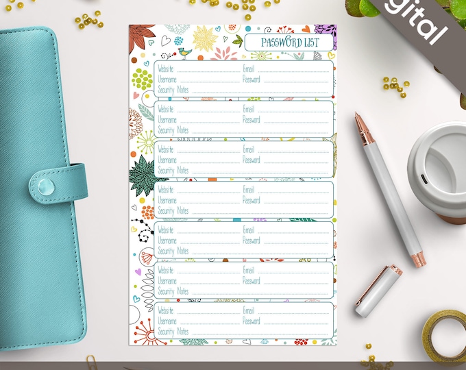 5.5x8.5 Password Book Printable, Half size, Password List, Log, Keeper, Tracker, Journal, Syasia Cute Floral, Planner PDF Instant Download
