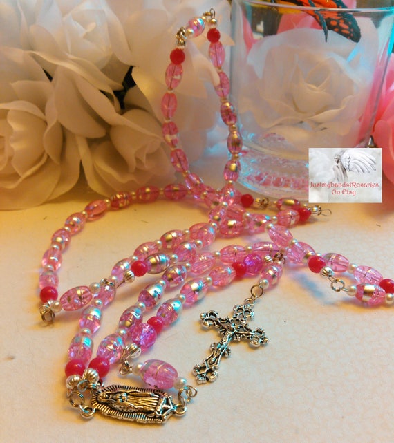 Rosary Pink & Silver Catholic Handmade One of a Kind Modern