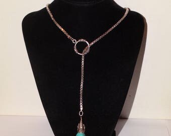 Elegant Sterling Silver Italian Made Box Chain With Dangling Turquoise Necklace.