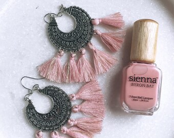 Pink and silver tassle boho earrings