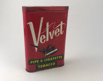 Tobacco Tin, Vintage Velvet Tin, Vintage Pipe and Tobacco Tin, Velvet Tobacco Tin, Advertising Tin, Small Red Tin Box, Cigarette Box