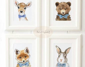 Woodland Nursery Art - Woodland animals print set of 4 - Animal Portrait Set - Animal Art - Home Decor - Giclee - Deer , Bear , Fox, Bunny