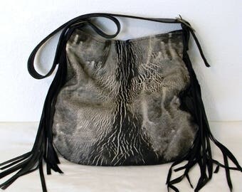 Acid Washed Black Beige Leather Bag Artisan Hair On Fringed Boho Shoulder Bag Minimalist Designed Leather Handbag