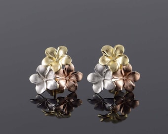 14k Tri Color 3 Flower Rose Silver Stud Earrings Gold