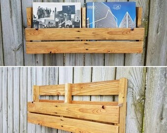 Reclaimed Pallet Wood 2 Pocket Wall Organizer. Mail holder, file holder, magazine rack, vinyl record storage, office decor, kitchen decor.
