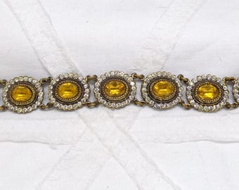 Original Vintage 1920's Citrine Yellow Rhinestone And White Rhinestone Gold Plated Chain Linked Bracelet