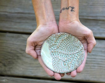 Ceramic Ring Dish, handmade pottery, trinket tray, jewelry dish, lace imprint, ceramic bowl, handmade gift, gifts for women, Christmas gifts