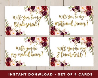 Will You Be My Bridesmaid Printable set, Gold bridal proposal card, Flower Girl, Maid of honor, Matron Of Honor, Printable Set Wedding Card