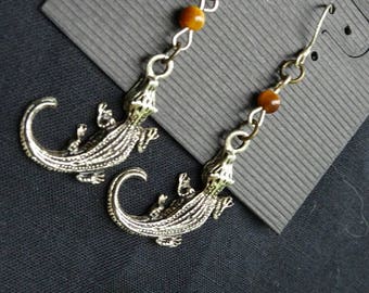 VERY simple Tigers Eye alligator / crocodile earrings with Sterling Silver