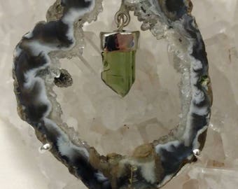Huge Black Geode Druzy & Green Tourmaline Pendant Necklace