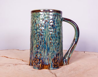 Carved Handmade Pottery Tree Mug in Forest Green Glaze, Textured mug