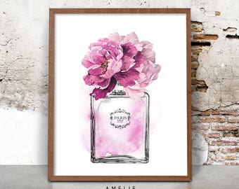 Perfume Bottle Print, Fashion Illustration, Watercolour Flowers, Printable Digital Download, Large Poster Print, Vintage Chanel No5 Inspired