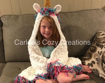 Unicorn blanket, hooded unicorn blanket, crochet unicorn blanket, child unicorn blanket, adult unicorn blanket