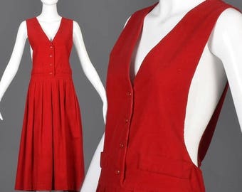 SALE Medium 1980s Jumper 80s Corduroy Dress Vintage Red Jumper Sleeveless Bright Red Jumper 1980s Teacher Dress Full Skirt Winter Dress