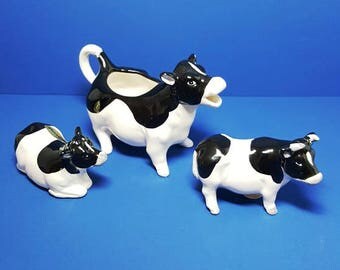 Vintage Holstein Cow Creamer with Salt and Pepper Calf Shakers Set, Japan