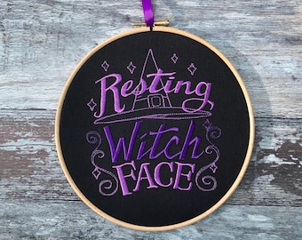 Resting witch face embroidery hoop art gothic home decor gift halloween decoration pagan bitch framed embroidered witchcraft magic witches