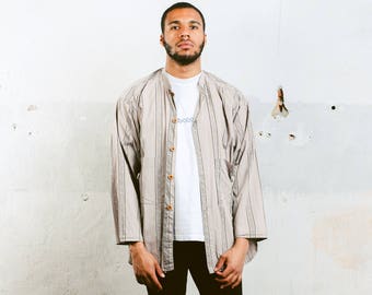 Men's COLLARLESS Shirt . Band Collar Shirt Striped Shirt Vintage 80s Minimalist Hippie Artist Shirt 1990s Grandad Collar Shirt . size Large