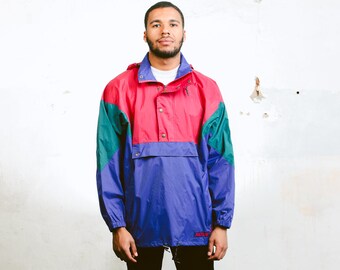 Mens Festival Jacket . Vintage Hooded Rain Jacket Windbreaker Mens Anorak Jacket 90s Nylon Jacket Outerwear Festival Wear . size Large L