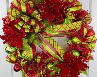 Christmas In July 20% off Christmas Wreath, Poinsettia Wreath, Christmas Decor, Christmas Decoration, Deco Mesh Wreath, Mesh Tubing Wreath,