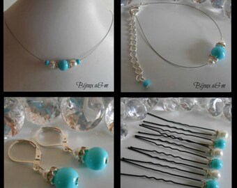 Set of 4 wedding rhinestone and white pearls and turquoise pieces