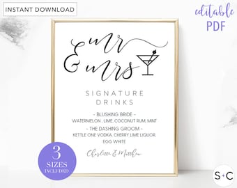 Wedding Bar Sign, Bar Menu Sign, Wedding Bar Menu, Bar Menu Template, Bar Menu, Drink Menu, Signature Drinks, Bar Menu Printable