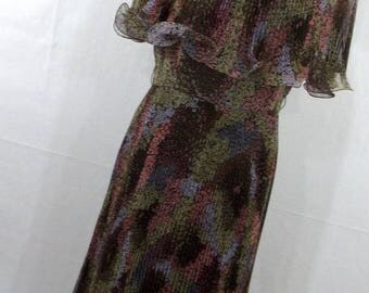 ON SALE Vintage 60s Miss Elliette Dress M Medium L Large Chiffon Brown Pink Pleated Boho Peasant Party G3