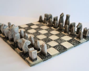 MADE TO ORDER - Handmade Ceramic Chess Set - organic, boardgames, natural, grey, black, white, minimal, chess pieces, stone chess set