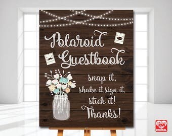Polaroid Guestbook Sign, Photo Guest book Sign,Outdoor Shower, I do BBQ,Picnic event,Mason Jar,Rustic sign Floral,8x10, Instant Download,JPG