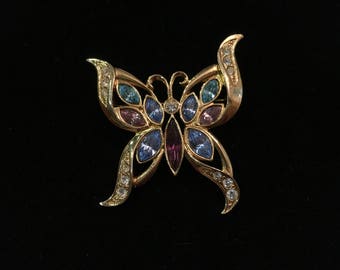 Vintage Brooch, Butterfly, Goldtone, Blues, Purples, Clear, Crystal Like