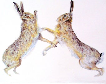 Hare wall decor, hare wall stickers, boxing hares, woodland nursery, wildlife home decor, hare art print, two wild hares, watercolor hares