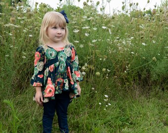 Boho girl shirt - navy floral top - elbow length bell sleeves - girl top - fall shirt