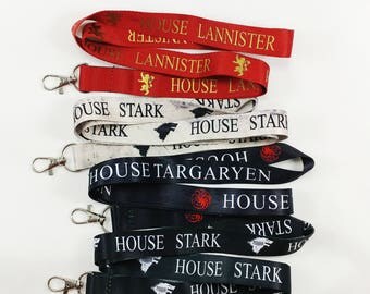 4 Game of Thrones Lanyards/keychains with clip for keys or id badges- Game of Thrones Houses, House Stark, Targaryen, Lannister.