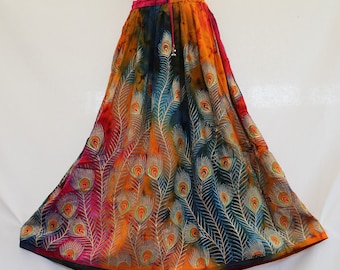 Ladies Boho Hippie Gypsy Long Skirt, Peacock Feather Rayon Tie/Dye Block Painted, Turquoise, Orange,Blue and Pink Handmade freesize S M L XL