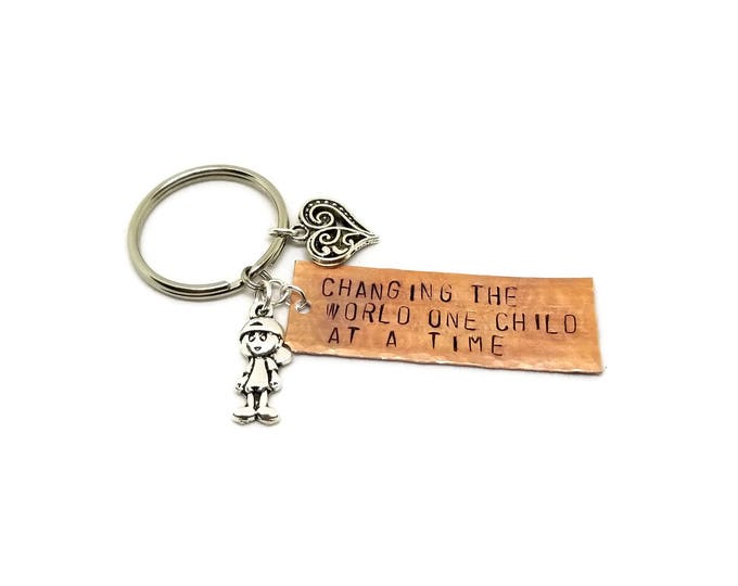 Changing the World One Child at a Time Key Chain, Social Worker Keychain, Teacher Key Chain, Daycare Worker Gift, Copper Key Chain