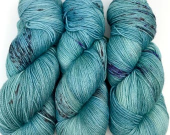 Hand Dyed Yarn "Robin Egg" Blue Teal Turquoise Grey Brown Violet Speckled Merino Bamboo Nylon Fingering Sock Superwash 470yds 115g